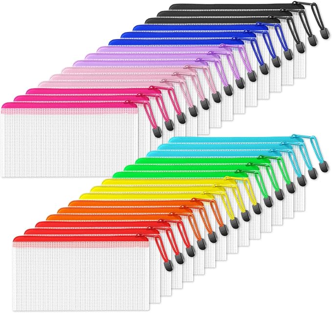 SUNEE Mesh Zipper Pouch 4.6x9.2in (10 Colors, 30 Packs), Mesh Bags with Zipper for School Office Supplies, Travel Accessories, Waterproof Zipper Pouches for Organizing