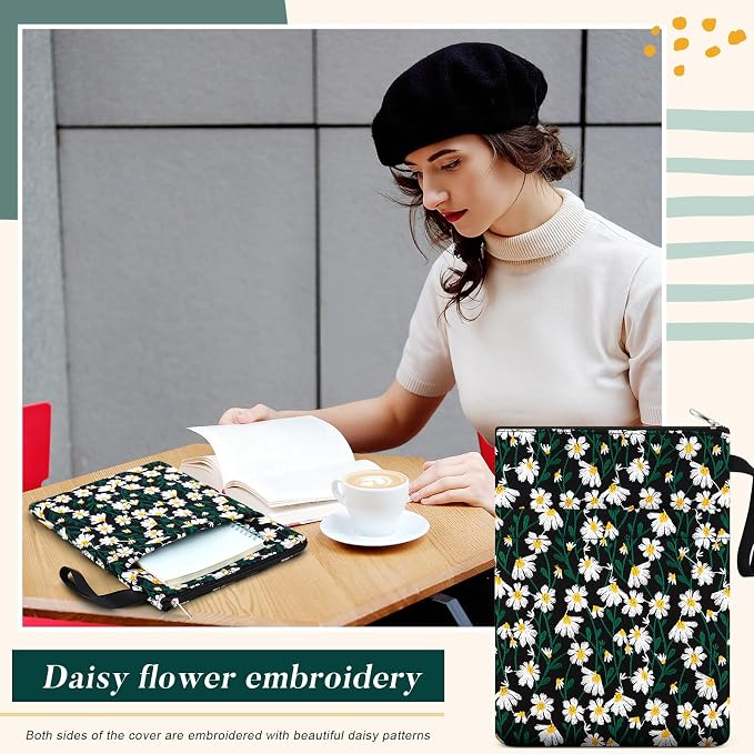 12''x9'' Daisy Embroidered Book Sleeve with Cotton Lining with Handle and Zipper Book Protector for Paperback and Hardcover, Christmas Ideal Gift Book Sleeve Pouch for Book Lovers(Black)