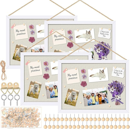 Teling 4 Pack Wood Bulletin Boards with Linen 12''x 16'' Cork Board for Walls with 90 Pushpin Decorative Wood Framed Display for School Office Home Decor (White)