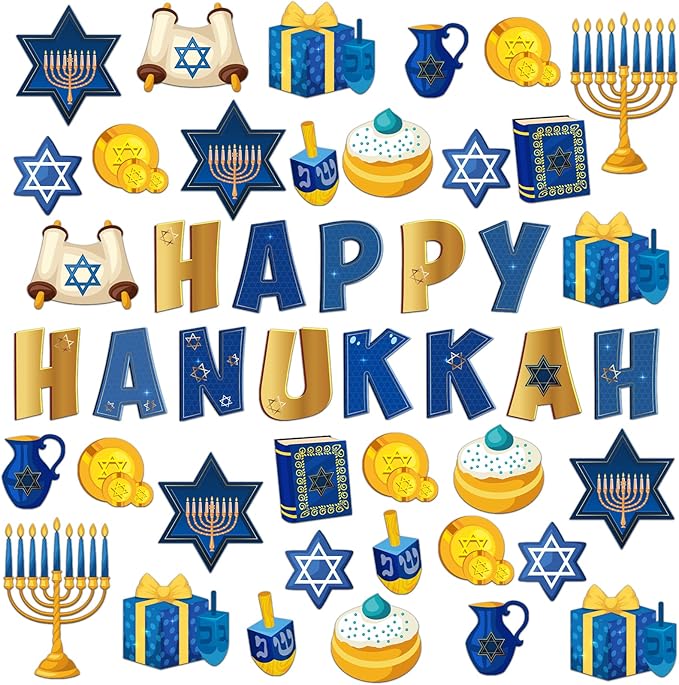 68 Pcs Hanukkah Classroom Bulletin Border Decoration Happy Hanukkah Cutouts Star Menorah Dreidel Bible Scroll Gold Cutouts for School Chalkboard Kwanzaa Party Wall