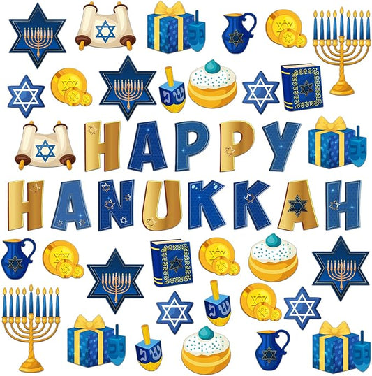 68 Pcs Hanukkah Classroom Bulletin Border Decoration Happy Hanukkah Cutouts Star Menorah Dreidel Bible Scroll Gold Cutouts for School Chalkboard Kwanzaa Party Wall