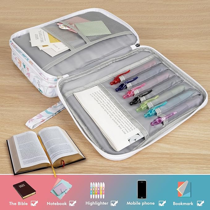 Bible Bag for Girls Organizer - Dual Zipper Compartments with 7 Pen Slots for Church Bible Study, Christian Gift for Teen (Floral-White)