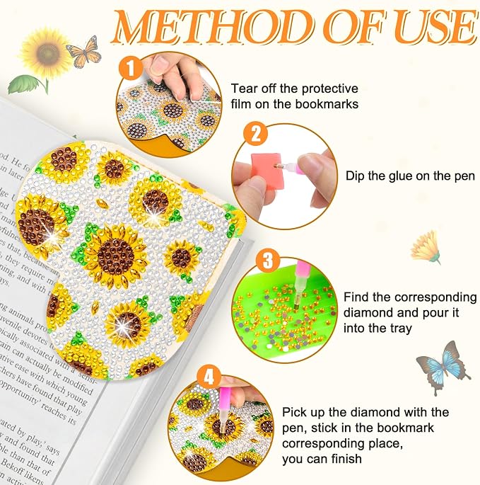 WIVICO 8 pcs Diamond Painting Bookmarks, DIY Diamond Art Kits for Adults, Book Corner - Protecting Bookmark Craft Supplies Kits for Book Lovers（Sunflower）
