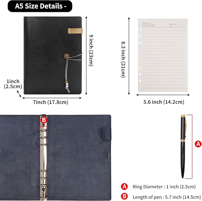 WONDERPOOL Leather Journal Lined Paper Notebook & Pen - Refillable 6 Ring Binder Writing Spiral Diary with Ruled Notepads Vintage Cover for Office Travel Work and Plan Agenda (a-Black, A5)