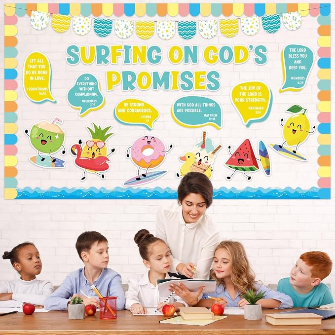 Christian Church Summer Bulletin Board Set Religious Sunday School Bulletin Board Decorations Motivational Tropical Fruit Paper Cutouts for Vacation Bible School Office Chalkboard Wall Door Decor