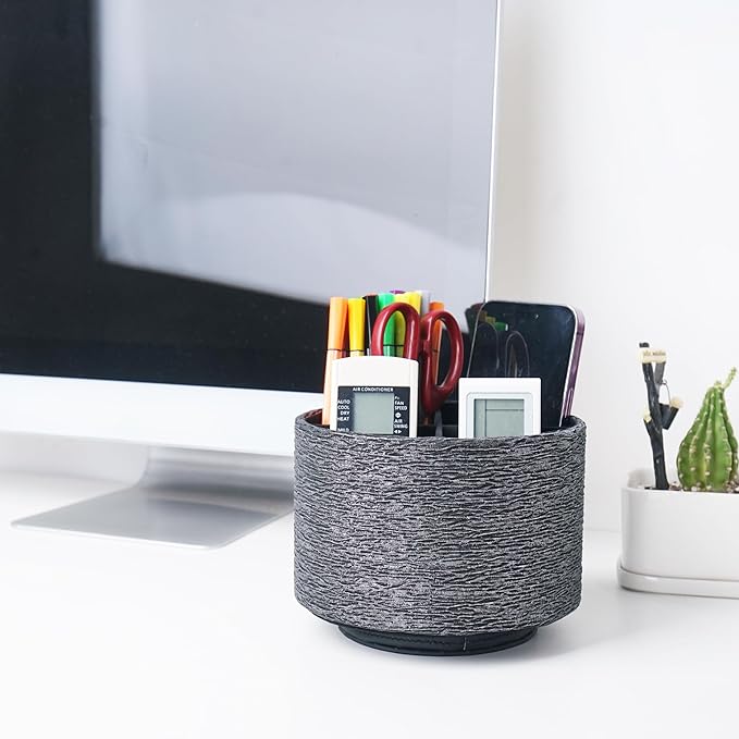 Round Leather Art Supply Organizer,Remote Control Holder,360-degree Rotating Pen Organizer with 4 Compartments(1-Light Tree Silver)