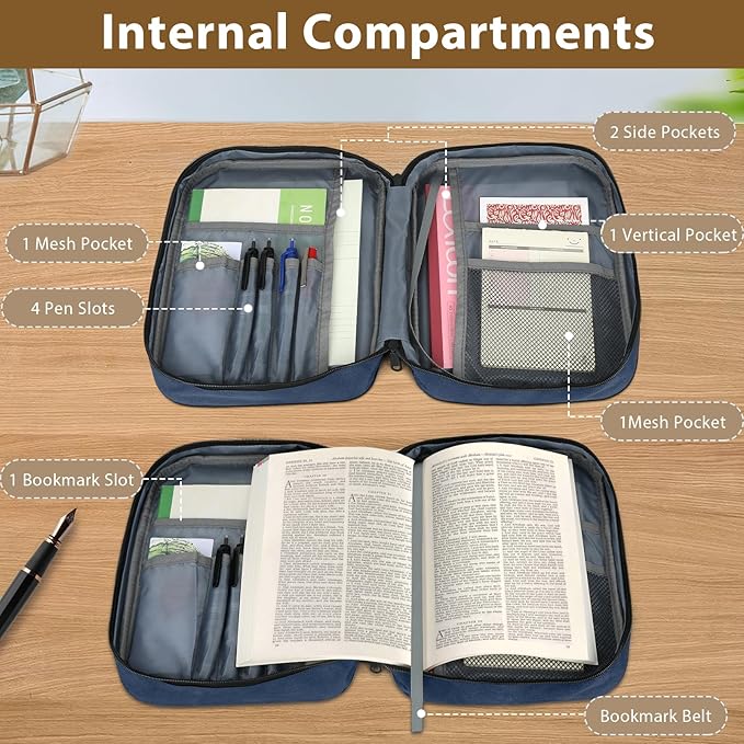 GERMUN Bible Cover with Durable Handle, Carrying Book Case Church Bag Bible, Protective with Zippered Pocket, Bible Study Accessories Supplies, Book Protector for Book Lovers, BlueBlack