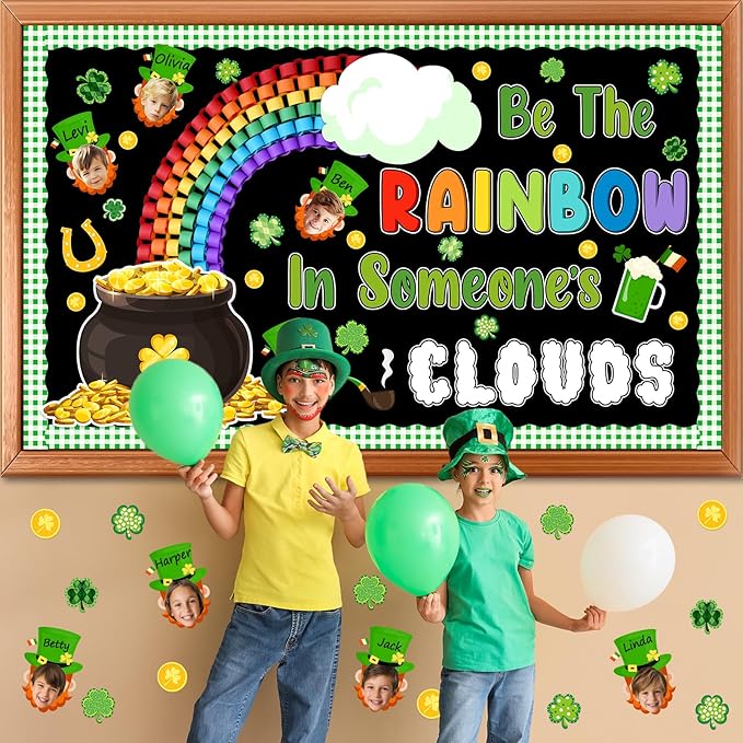 St. Patrick's Day Bulletin Board Set 3D Rainbow Gold Coin Classroom Decoration Leprechaun Bulletin Board Clover DIY Craft Photos Cutouts for Irish Holiday Home Classroom Nursery Chalkboard Wall Decor
