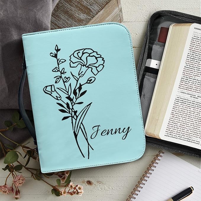 Personalized Bible Cover with Birth Flower, Custom Bible Cover Case for Women Girls, Large Capacity Scripture Bag with Handle