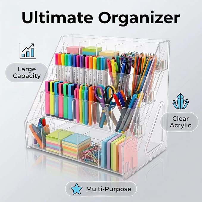 5-Tier Acrylic Marker Organizer, 150 Slots Desktop Pen Storage Rack, Vertical Art Supply Holder for Colored Pencils, Paint Brushes & Office Accessories, Clear Desk Stationery Display