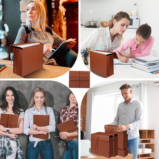 Chuangdi 5 Pcs Expanding File Folder with Flap 5.3" Expansion, Expandable File Wallet with Elastic Cord Closure, Letter Size Heavy Duty Document Organizer, 8 Slots Holds 1200 Sheets Paper, Brown