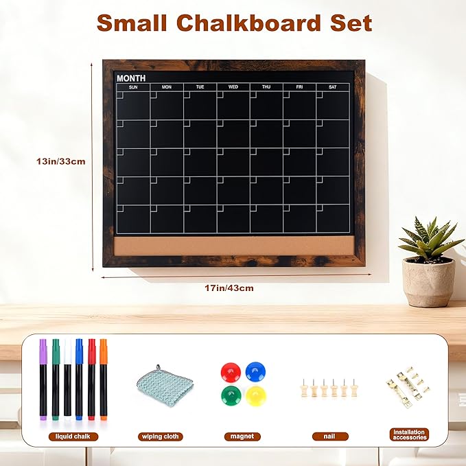 Chalkboard Calendar for Wall,13" x 17",Small Rustic Framed Magnetic Chalkboard & Cork Bulletin Board for Office Home School