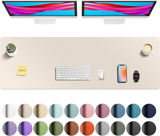 Aothia Faux Leather Desk Mat - Non-Slip PU Leather Desk Blotter, Waterproof Writing Surface, Large Desk Pad for Office & Home (Eggshell, 55" x 17")