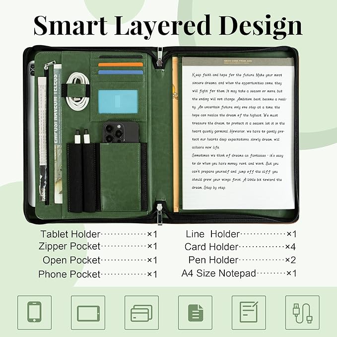 Calfinder Portfolio Folder with Zipper,Leather Padfolios for Women&Men,Professional Portfolio Binder with A4 Writing Pad Holder, Business Organizer for Resume/Interview