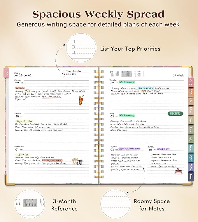 Academic Planner 2026-2027, Hardcover Weekly and Monthly Calendar Planner from July 2026 - June 2027, 6.1" x 8.2" A5 Daily Agenda with Tabs, College School Organizer for Student Teacher, Vibrant Watercolor