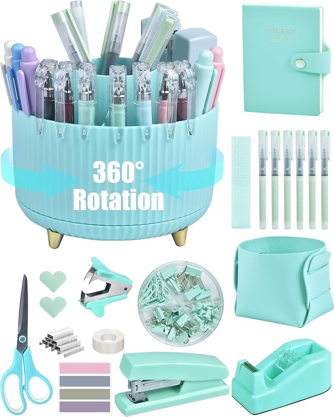 LXEVIHK Green Desk Accessories, 20Pc Office Supplies and 360°Pen Holder Desk Organizers, With Tape Dispenser, Stapler, Staple Remover, Ect, Let the Color Green Fill Your Desktop