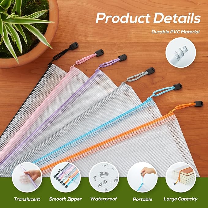 Mesh Zipper Pouch, 24PCS Waterproof Zipper Bags A4 Size Plastic Document Folders for School Supplies, Office Appliances, Home Organize and Travel Storage (Multicolore)