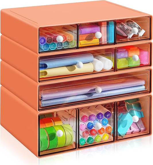 Desk Organizer with 9 Drawers, 4 Tiers Stackable Storage Drawers, Desktop Storage Box with Clear Drawers for Stationery, Makeup, Jewelry, Office and Craft Supplies (Orange)