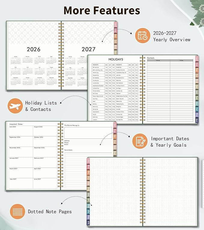 Academic Planner 2026-2027, Weekly and Monthly Calendar Planner from July 2026 - June 2027, 8.5" x 11" A4 Large Daily Agenda Book with Tabs, Flexible Cover, College School Organizer for Student Teacher,Green