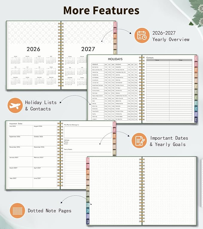 Academic Planner 2026-2027, Weekly and Monthly Calendar Planner from July 2026 - June 2027, 8.5" x 11" A4 Large Daily Agenda Book with Tabs, Flexible Cover, College School Organizer for Student Teacher,Green