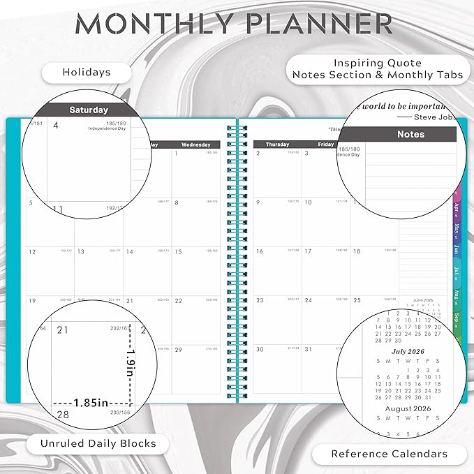 Artfan Monthly Planner/Calendar 2026-2029 - Jul.2026 - Jun.2029, 9" x 11", 3 Year Monthly Planner 2026-2029 with 36-Month Calendar + Colorful Tabs + Pocket - Teal