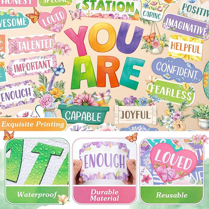 45pcs Spring Bulletin Board Set Motivational Posters Classroom Mirror Growth Mindset Decor Positive Affirmations Accents Flower Cutouts for School Office Home Teacher Wall