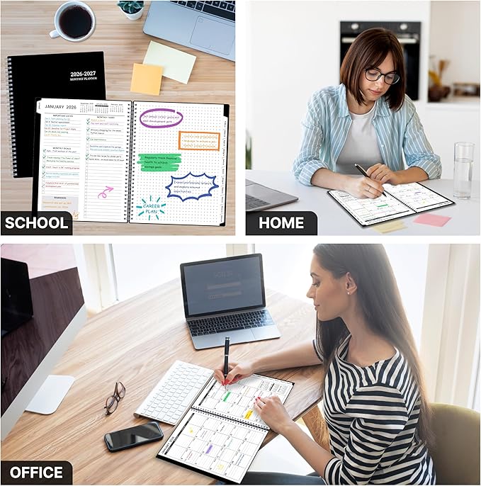2026-2027 Monthly Planner, 18 Monthly Calendar Planner, January 2026 - June 2027, 8’’ x 10’’, 2026 Spiral Agenda with Tabs ＆Pocket, Flexible Cover, Organizer Notebook for Office Home School, Black