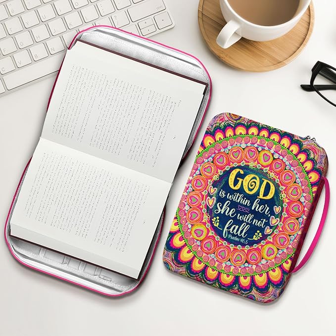 God Is Within Her Bible Cover for Women, Scripture Bible Case with Handle and Zipper Pocket, Canvas Bible Bag Fits Standard Size, Christian Gift for Girls, Church Use, Bible Study Organizer