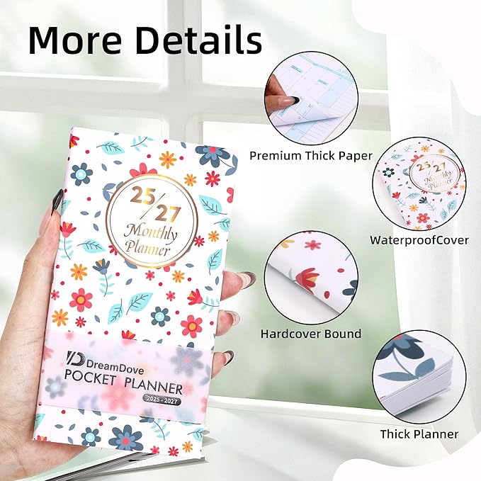 2025-2027 Monthly Pocket Planner/Calendar, 2 Year Small Size Academic Planner With Daily Quotes Hardcover Agenda Book Perfect Organizer for Purse,Planning, Organizing, and Office Use (Floral+Green)