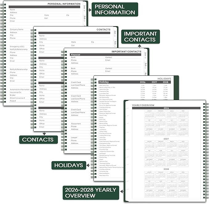 2026-2028 Monthly Planner - 2-Year Monthly Planner from Jul 2026 to Jun 2028, 8.5'' x 11'', 2026-2028 Planners, Inner Pocket, 24 Tabs - Army Green