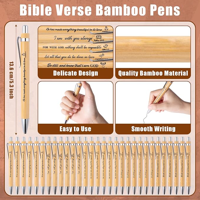 Haooryx Christian Bible Pen Bookmark - 30-Piece Christian Bible Verse Bamboo Inspirational Pen Scripture Biblical Bookmark Set Sunday School Church Religious Multi-Item Party Favor Packs Gifts Bulk