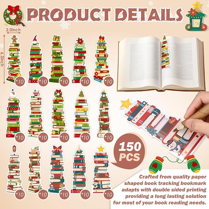 Kolldenn 150 Pcs Book Tracker Bookmarks Bulk 6.3 x 1.97 Inch Bookshelf Love to Read Bookmarks Paper Tracking Double Sided Reading Page Markers for Back to School Reading Lover(Christmas)