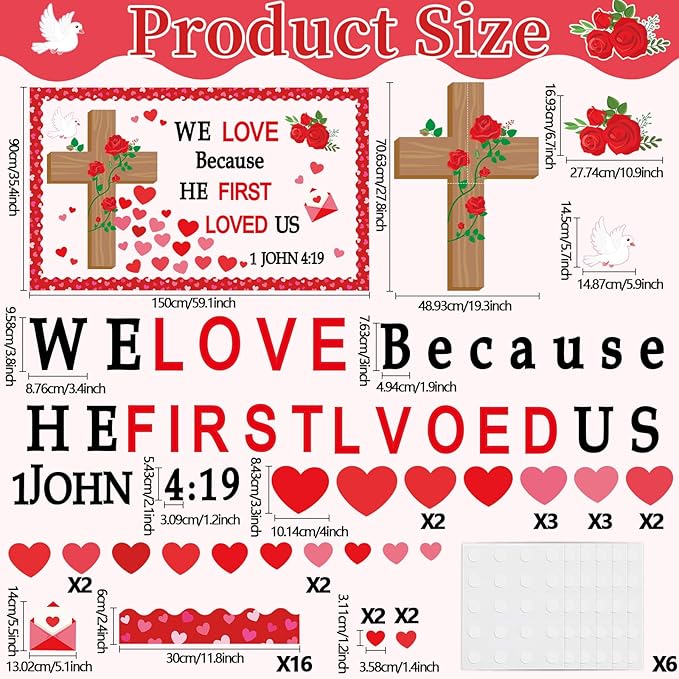 Valentine's Day Christian Bulletin Board Set Religious Bible Verse Classroom Decoration Inspirational Jesus Rose Cross Paper Cutouts Heart Bulletin Board Border for Church Sunday School VBS Wall Decor