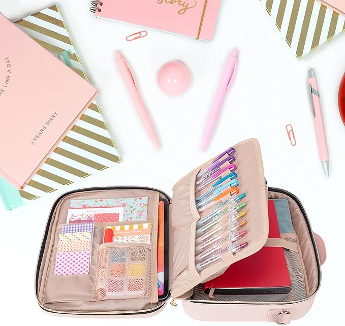 Teamoy Journal Supplies Storage Case, Journal Supplies Holder with Detachable Pen Slots, Travel Organizer Holder for B5 Notebooks, Planner, Pens, Journal Supplies and Accessories, Pink Quilted
