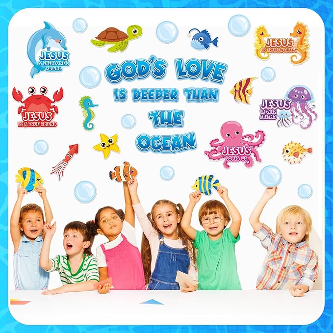 Dispowreath 74 Pcs Under the Sea Bulletin Board Set Jesus Christian Classroom Decoration Ocean Creatures Bulletin Board Cutouts for Religious Sea Animal Classroom Sunday School Decoration