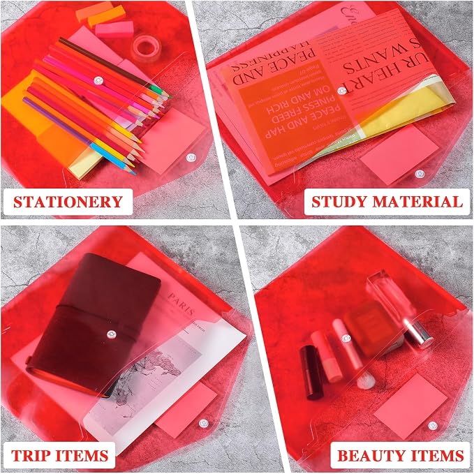 Lincia Plastic Envelopes A4 Size Poly Envelopes File Folders Work Document Holder Office Paper Plastic File Organizer with Label Pocket Snap Button Home Bag for School(Clear Red,24 Pcs)