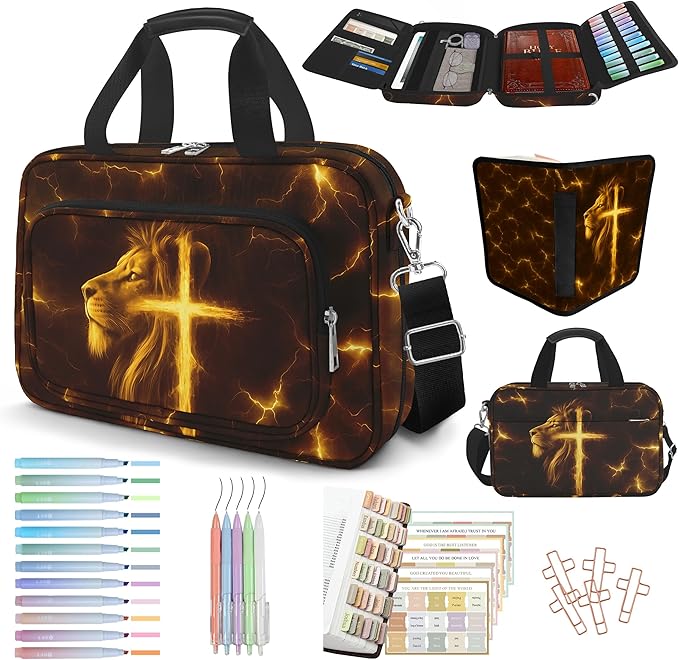 Lion Cross Bible Cover Case for Boys Kids, Large Men Bible Carrying Book Case Church Bag with Handle Zipper Pocket, Bible Study Supplies Journaling Kit, Highlighters Tabs Pens Cross Clips