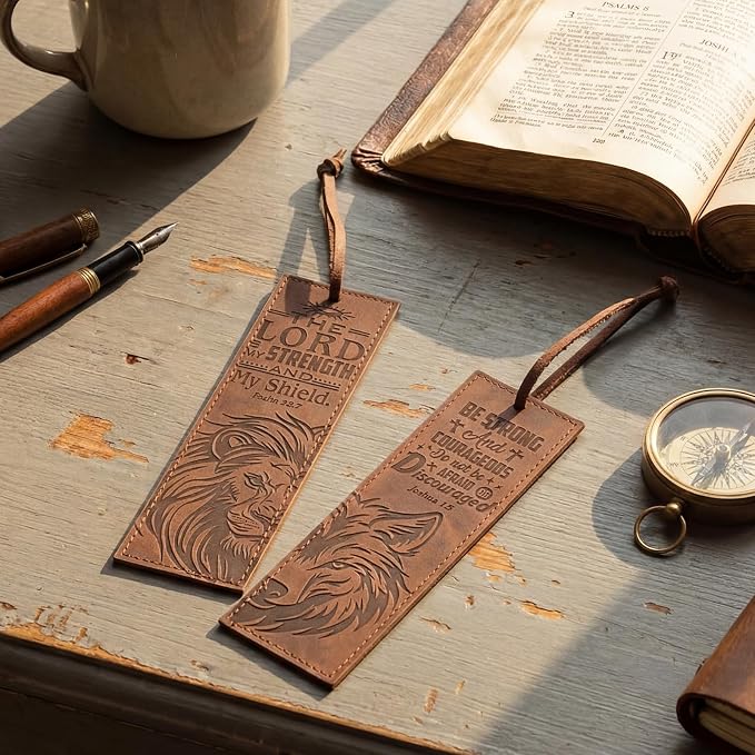 Tinlade 2 Pcs Wolf Lion Leather Bible Bookmark Christian Bookmarks Gifts for Men with Psalm the Lord is My Strength Inspirational Bible Leather Book Marks for Reading Men Religious Father's Day Gifts