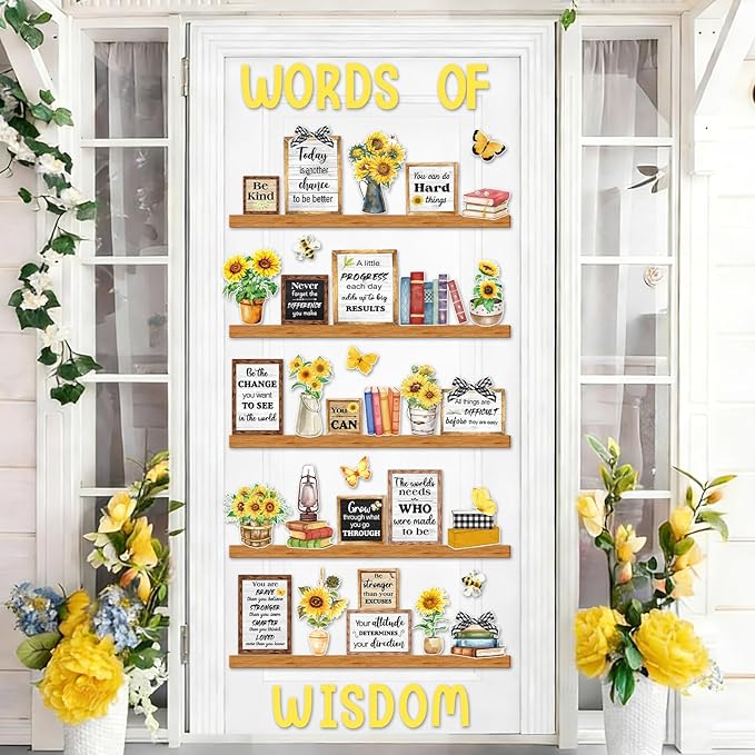 Sunflower Words of Wisdom Bulletin Board Classroom Decoration Spring Sunflower Paper Cutouts Plants Motivational Door Wall Stickers for Classroom Wall Window Educational Learning Activities