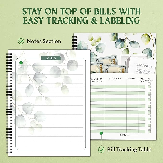 Decorably 14 Pocket Pages Undated Eucalyptus Bill Payment Tracker Monthly Organizer, 9x12in Spring-Bound, with Notes and Stickers for Listing Payments, Expenses and Receipts - Home, Work