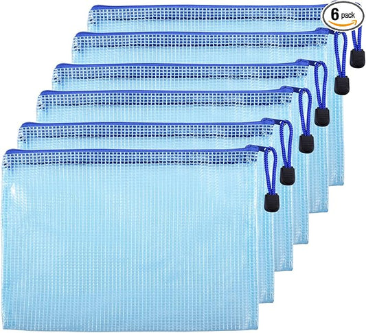 6 Pcs 9.25" x 6.69" A5 Sizes Mesh Zipper Pouch Bags, Mesh Bags with Zipper，Waterproof Clear document pouch for Organization Puzzles Travel, Office, Classroom Organization, A5 Blue