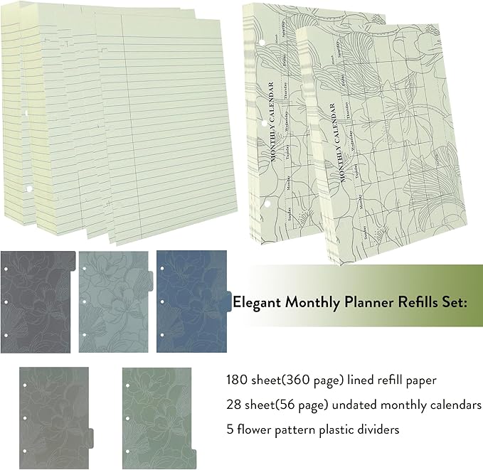 180+28 Mini 3 Ring Binder Paper for 5.5 x 8.5, 3-Hole Loose Leaf Lined Refill Filler Paper with Undated Monthly Calendar Refillable Planner Inserts, College Ruled