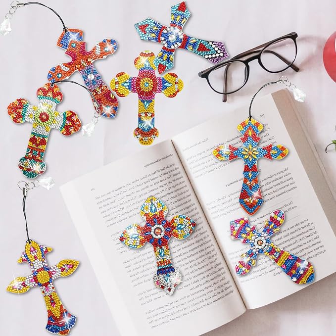 LINGFANG 8 Pcs Diamond Painting Bookmark, Diamond Art Kit for Adults, DIY Book Makers for Book Lovers, Religious Diamond Dot Beginners, Small Diamond Art Kit, Art Crafts Gift for Women (Latin Cross)