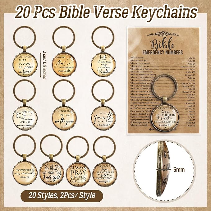 Tondiamo 20 Set Christian Fathers Day Keychain Gifts Bulk Bible Verse Religious Keychain Inspirational Keyring with Emergency Numbers Bookmarks Gifts for Graduation Stuffers Church Sunday School