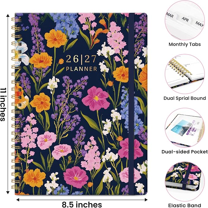 Planner 2026-2027, Monthly and Weekly Calendar Academic Planner July 2026 - June 2027, Hardcover Student Teacher Planning Agenda Book with Tabs, Perfect for Office School Supplies, A4 (8.5" x 11") - Gentle Bloom
