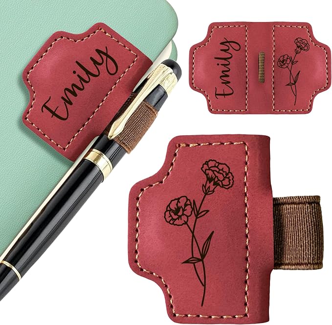 EDSG Personalized Magnetic Bookmark, Engraved Leather Bookmark Clip with Pen Holder, Laser Engraved Book Marks with Birth Flower Mothers Bookmarks Gifts for Men Women Teachers (Red-Magnetic V2)