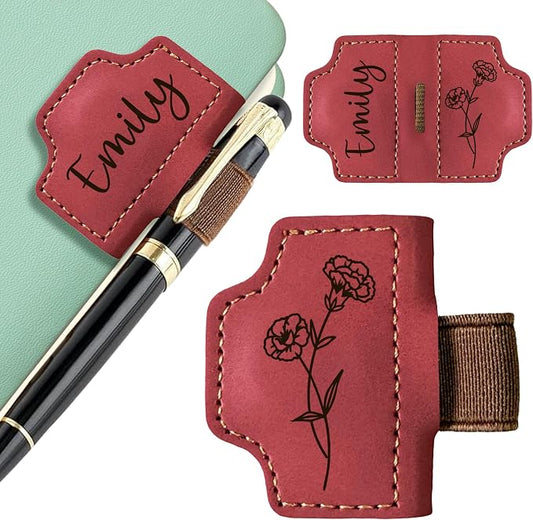 EDSG Personalized Magnetic Bookmark, Engraved Leather Bookmark Clip with Pen Holder, Laser Engraved Book Marks with Birth Flower Mothers Bookmarks Gifts for Men Women Teachers (Red-Magnetic V2)