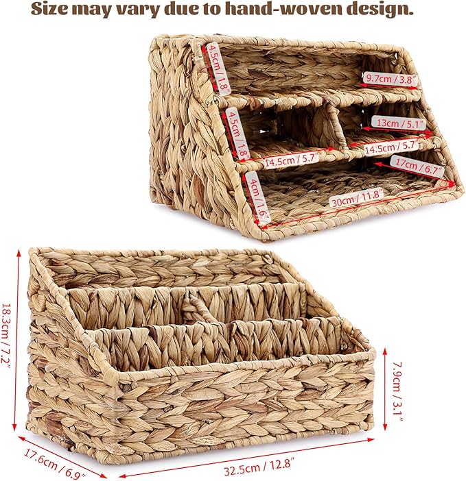 BTSKY Woven Divided Storage Basket Natural Hyacinth Vertical Wicker Storage Baskets 4 Compartments Desktop Home Office Supplies Sorter Rack