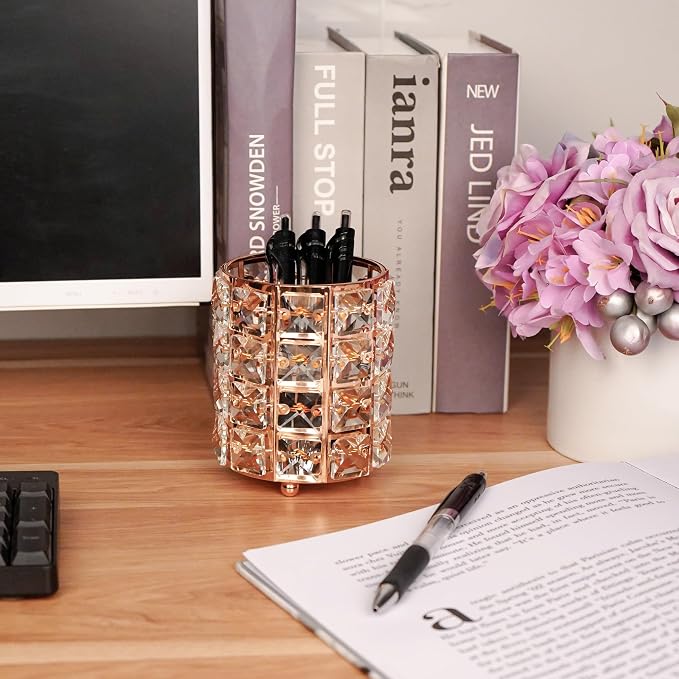 Crystal Pen Holder, Pencil Cups for Desk, Multi-Purpose Desktop Organizer, for Office Writing Desk (Rose Gold)