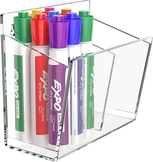 FUCDTEFC Wall Mount Marker Holder, Acrylic Dry Erase Marker Wall Holder, 2 Compartments Pencil Pen Dispenser Makeup Markers Holder Whiteboard Clear Organizer for Classroom Wall